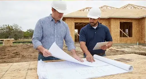 General contractors reviewing architectural blueprints to define project scope and prevent delays.